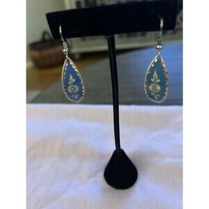 Blue Etched Floral Earrings on Silver-Tone Metal